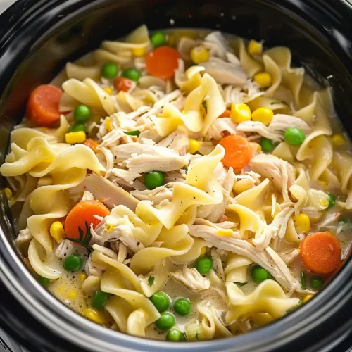 Crockpot chicken and noodles recipe in a creamy broth with carrots and parsley cozy, family-friendly comfort.