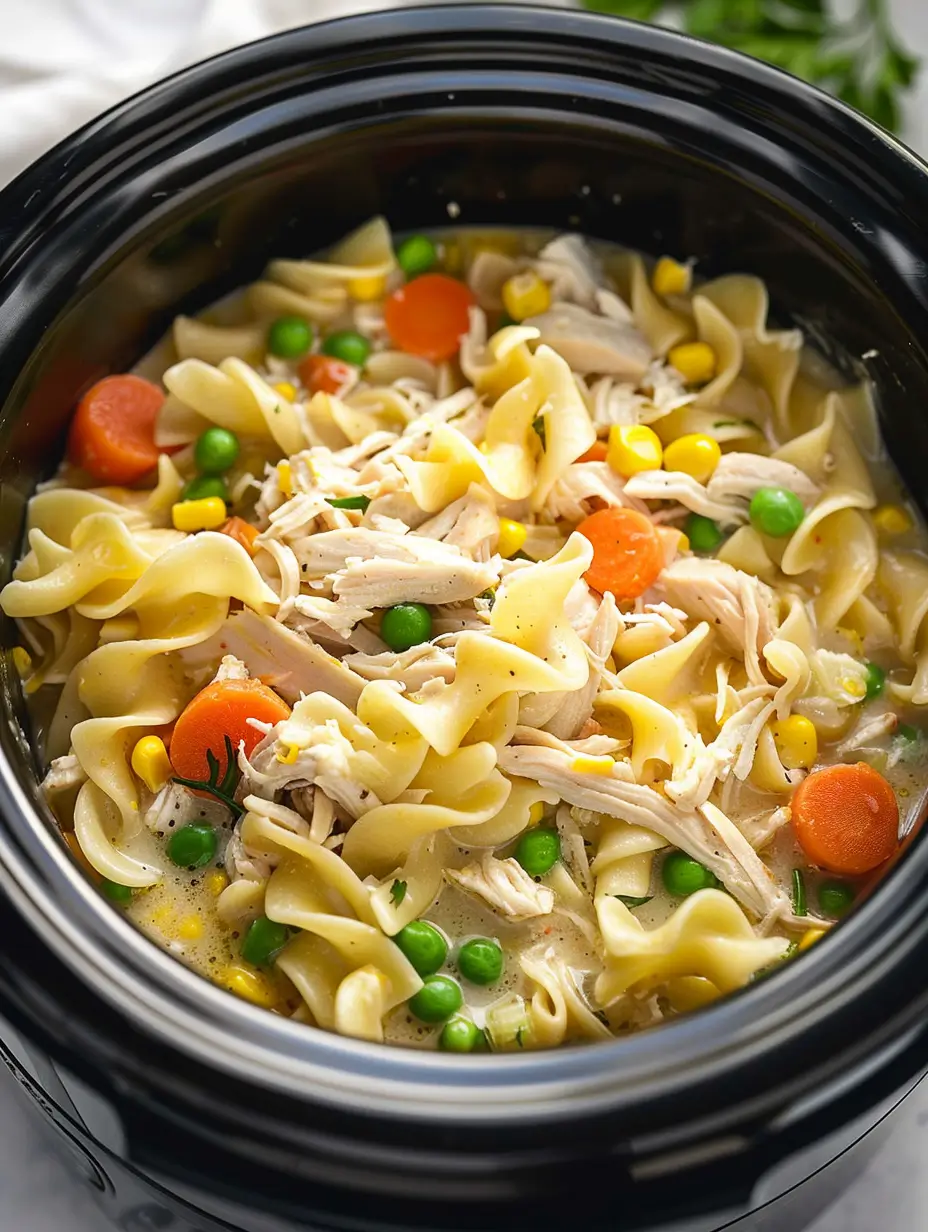 Crockpot chicken and noodles recipe in a creamy broth with carrots and parsley cozy, family-friendly comfort.