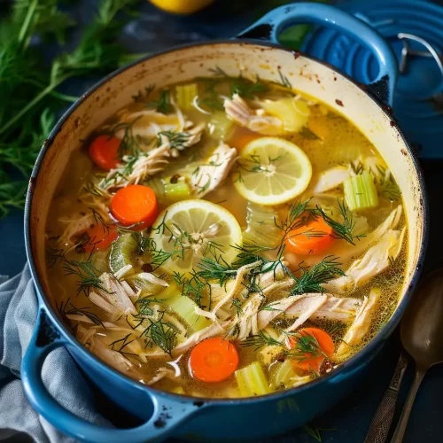 Healthy chicken soup with vegetables, shredded chicken, and fresh herbs in a bowl.