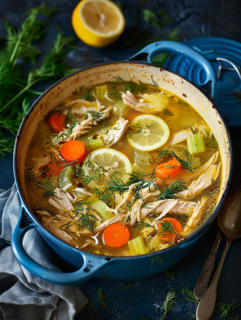 Healthy chicken soup with vegetables, shredded chicken, and fresh herbs in a bowl.