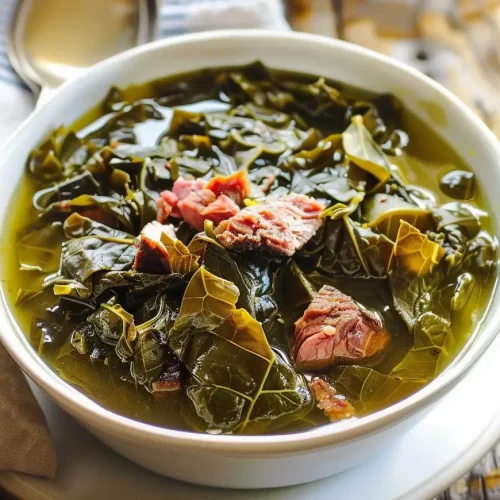 Southern collard greens in seasoned broth—tender, silky greens with classic Southern flavor.