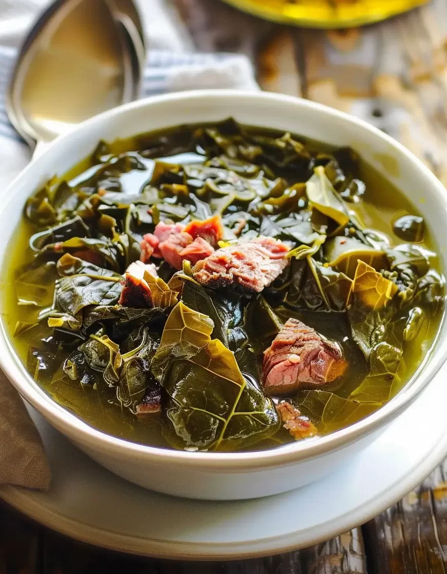 Southern collard greens in seasoned broth—tender, silky greens with classic Southern flavor.