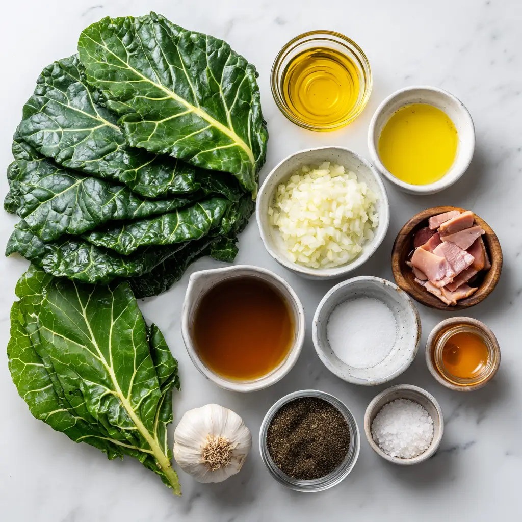 Southern braised collard greens with ham hocks simmered in a pot until tender.