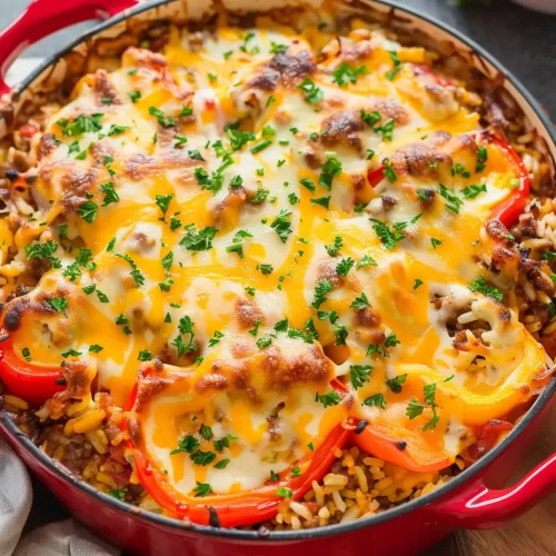 Baked stuffed pepper casserole topped with melted cheese, showing beef, rice, and bell peppers.