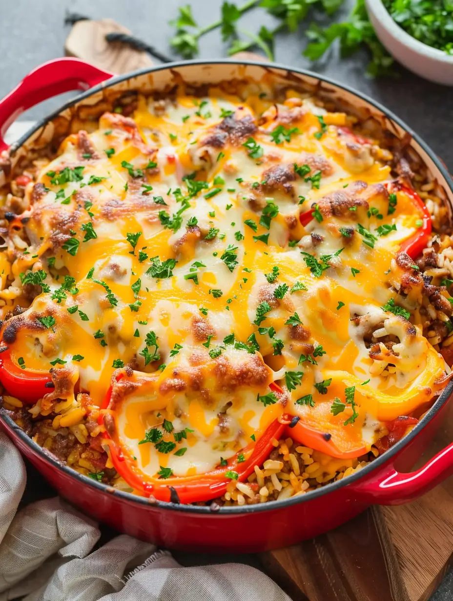 Baked stuffed pepper casserole topped with melted cheese, showing beef, rice, and bell peppers.
