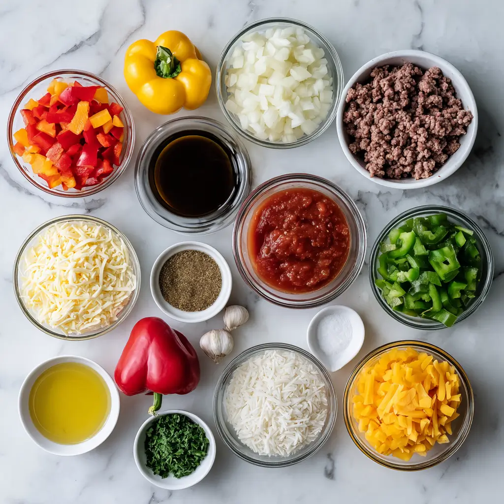 Stuffed pepper casserole with ground beef, rice, and melted cheese baked in a dish.