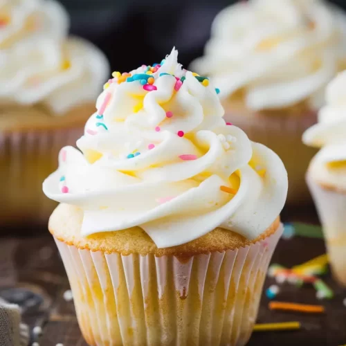 Perfect vanilla cupcakes with fluffy frosting on a cooling rack.