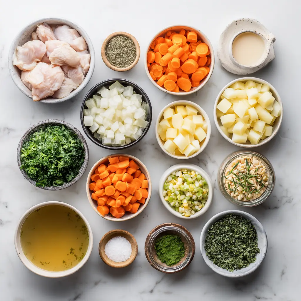 Fresh healthy chicken soup ingredients including chicken, carrots, celery, onion, garlic, and herbs.