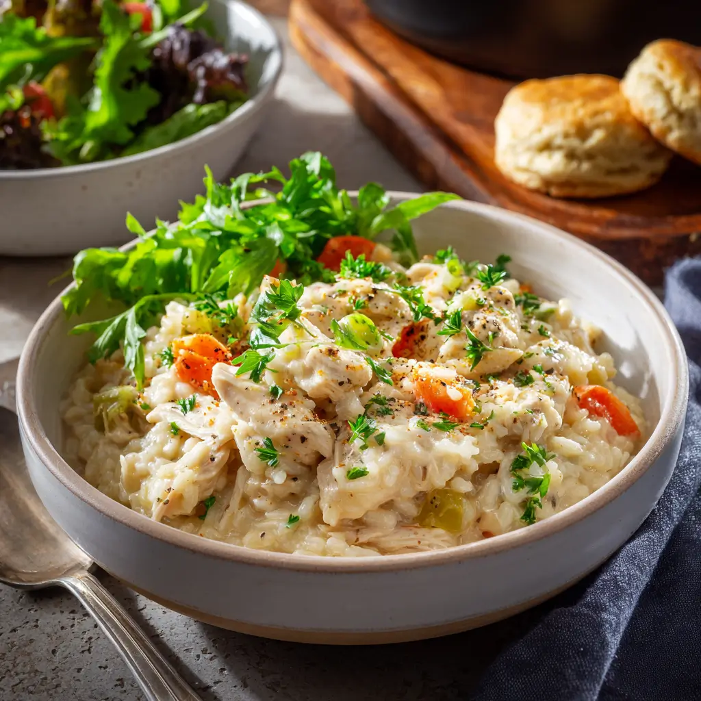 Slow cooker creamy chicken and rice with tender chicken and creamy sauce served in a bowl