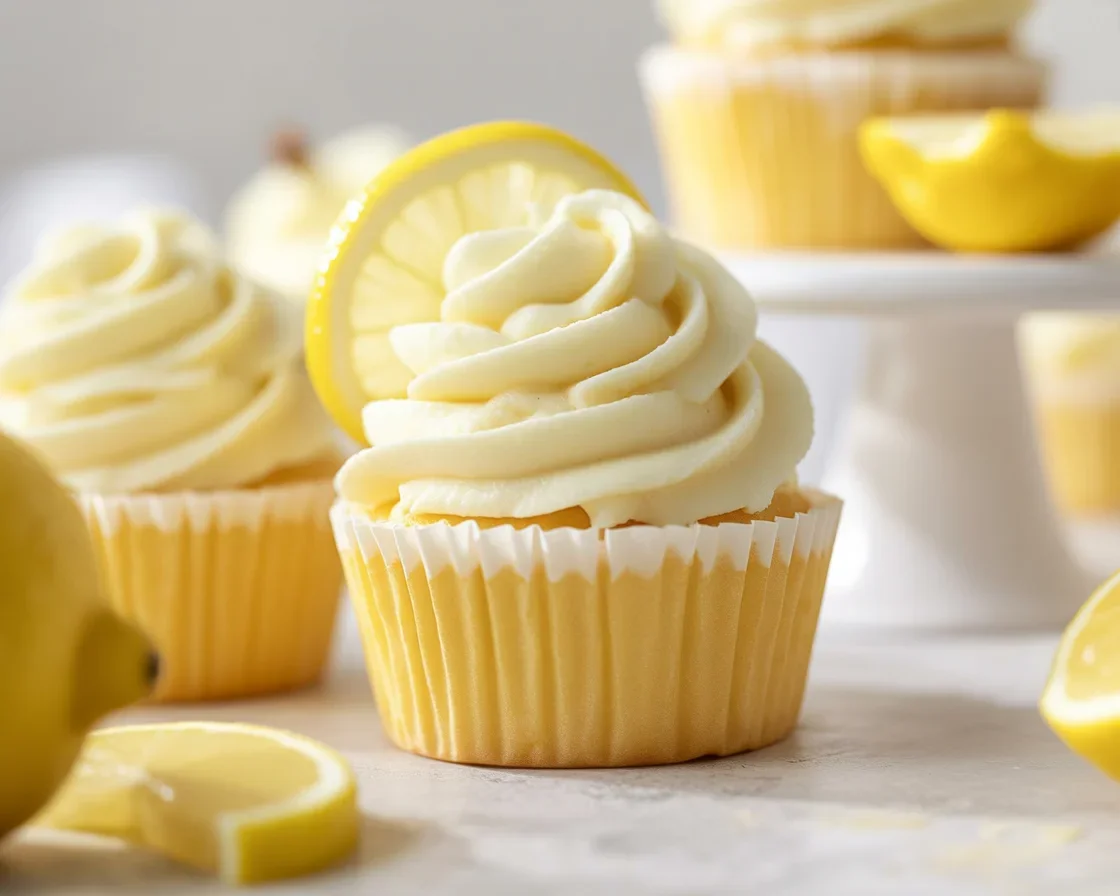 Moist Lemon Cupcakes topped with zesty Lemon Buttercream frosting.