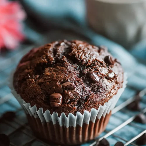 Double chocolate muffins with melted chocolate chips on top, fresh from the oven.