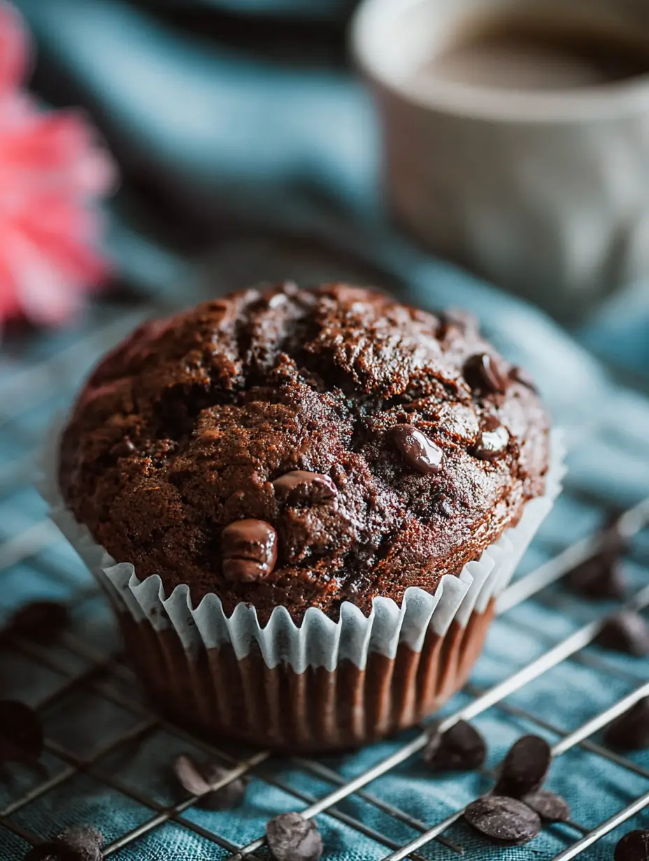 Double chocolate muffins with melted chocolate chips on top, fresh from the oven.