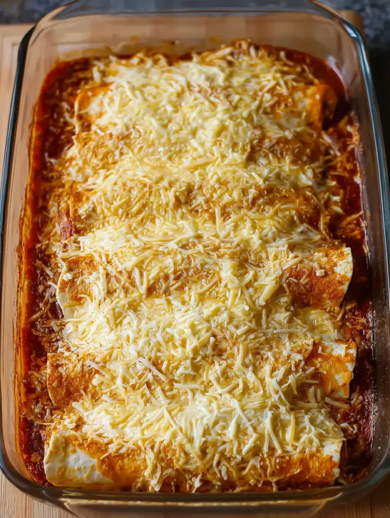 Delicious Cottage Cheese Chicken Enchiladas topped with red sauce and cheese
