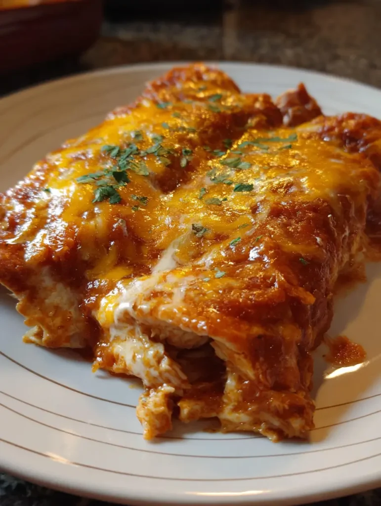 Delicious Cottage Cheese Chicken Enchiladas topped with red sauce and cheese