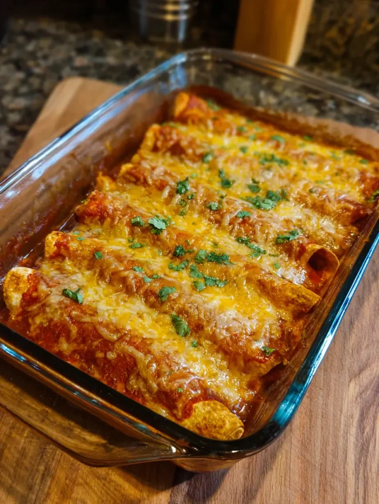 Delicious Cottage Cheese Chicken Enchiladas topped with red sauce and cheese