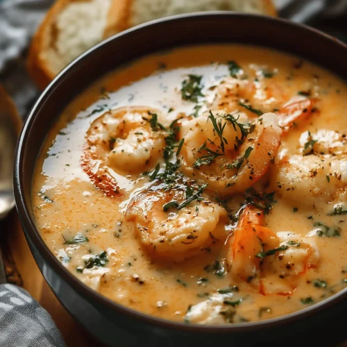 Delicious bowl of creamy crab and shrimp seafood bisque topped with herbs