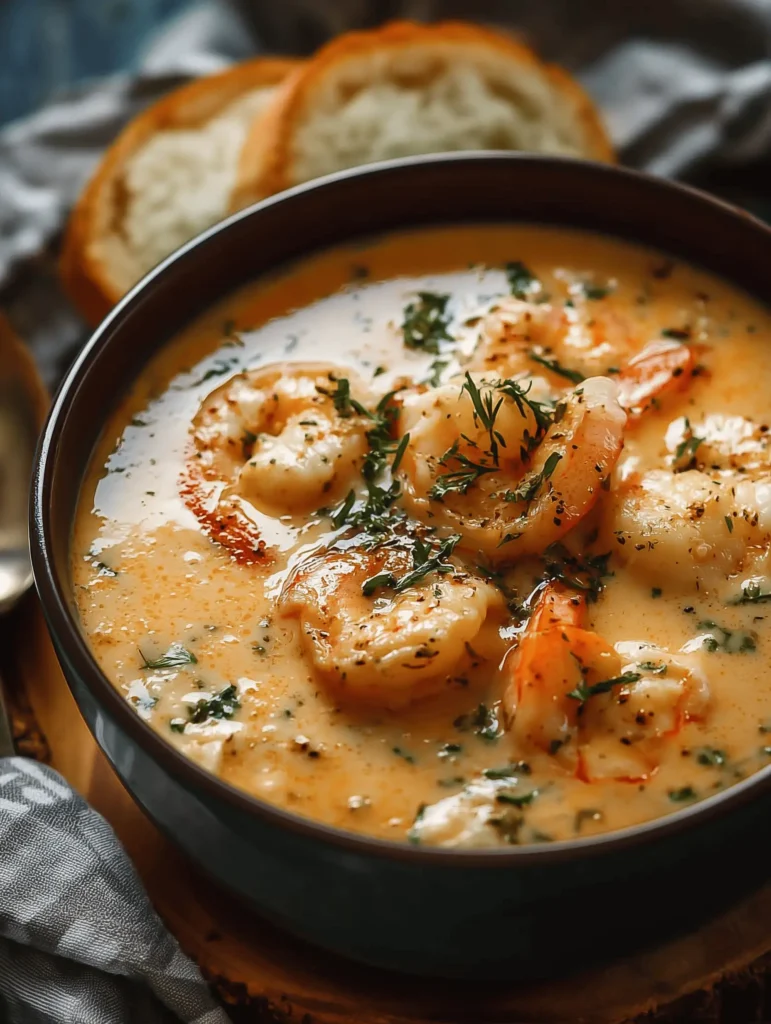 Delicious bowl of creamy crab and shrimp seafood bisque topped with herbs