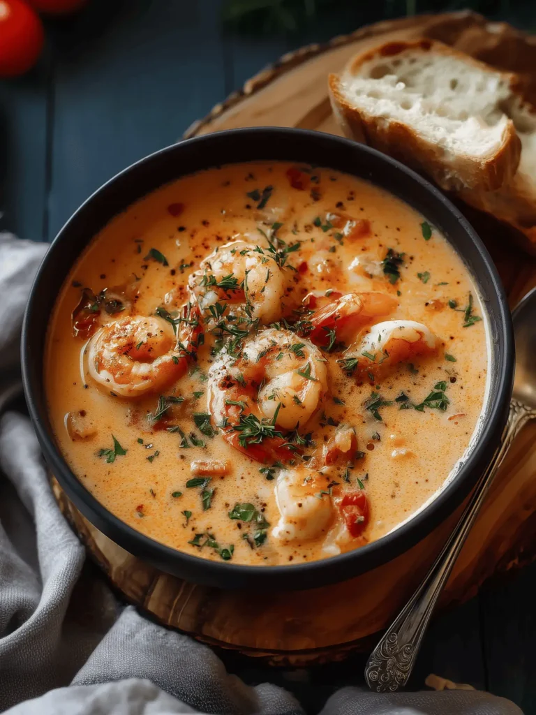 Delicious bowl of creamy crab and shrimp seafood bisque topped with herbs