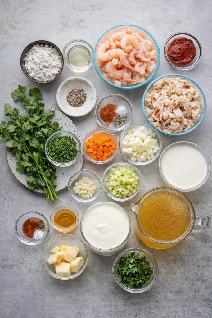 Delicious bowl of creamy crab and shrimp seafood bisque topped with herbs