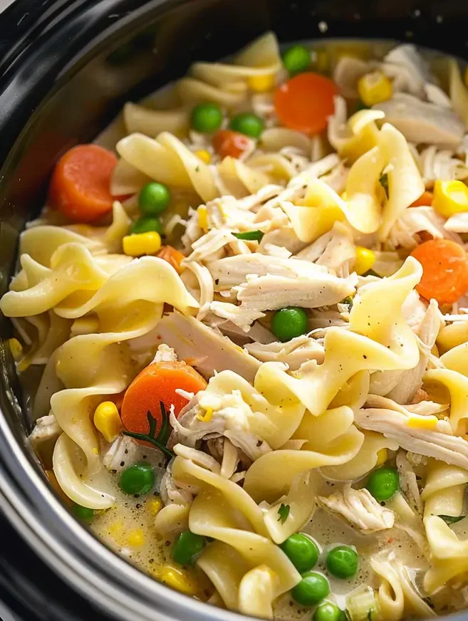 Crockpot chicken and noodles recipe in a creamy broth with carrots and parsley cozy, family-friendly comfort.