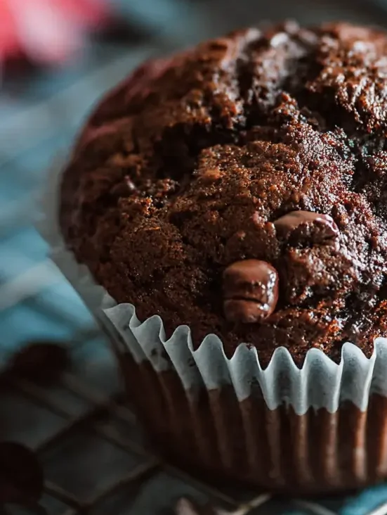 Double chocolate muffins with melted chocolate chips on top, fresh from the oven.