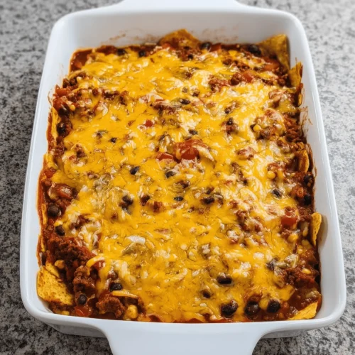 Delicious chili tortilla bake layered with ground beef, tortillas, and cheese.