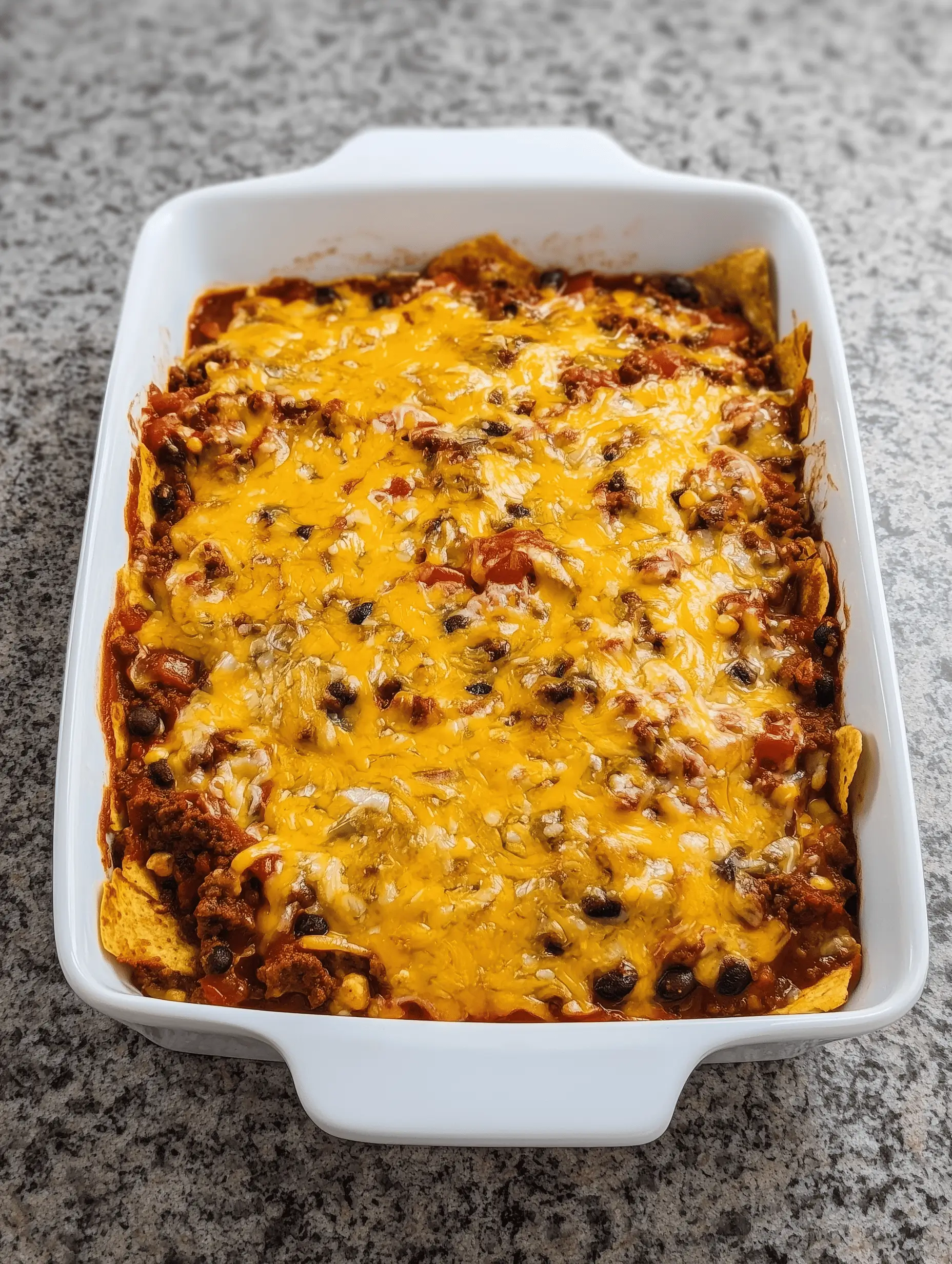 Delicious chili tortilla bake layered with ground beef, tortillas, and cheese.