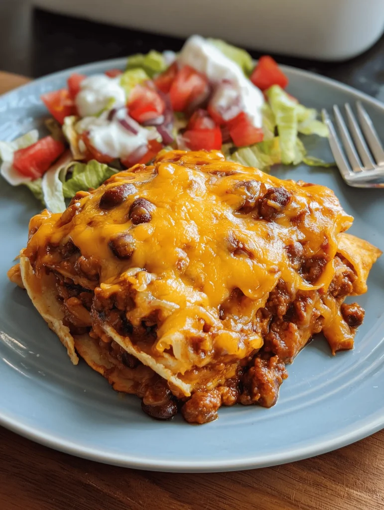 Delicious chili tortilla bake layered with ground beef, tortillas, and cheese.