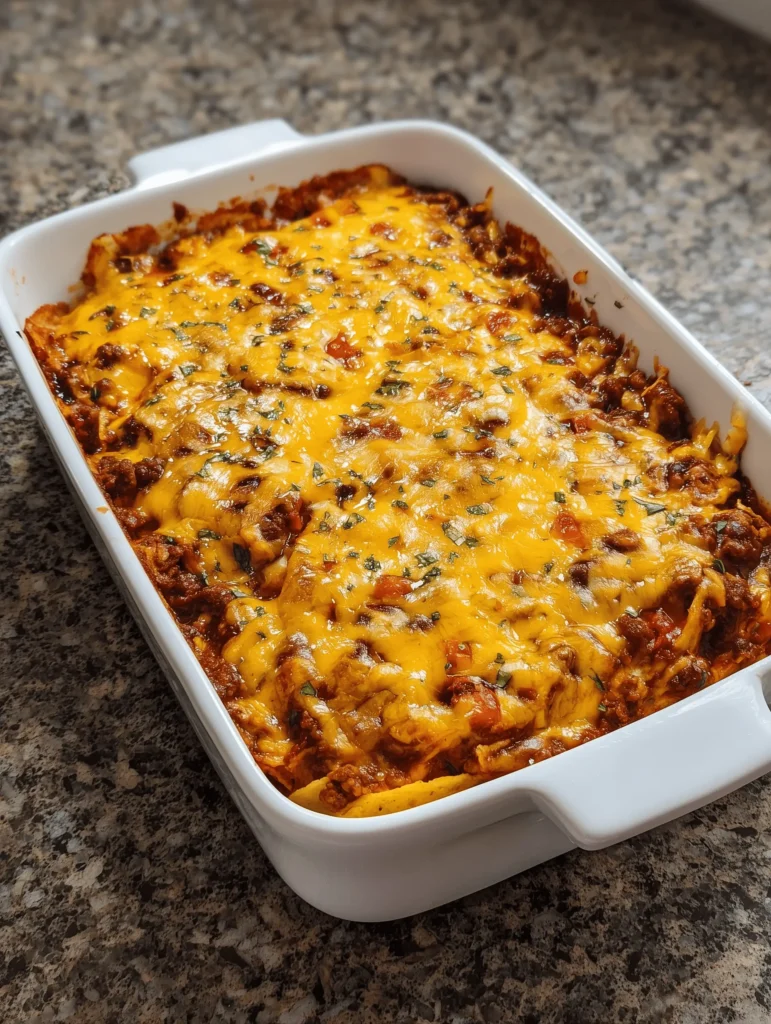 Delicious chili tortilla bake layered with ground beef, tortillas, and cheese.