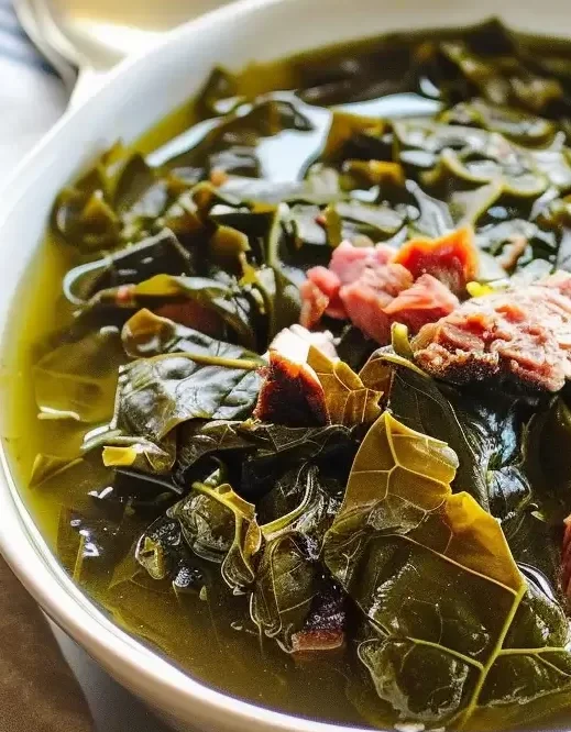 Southern collard greens in seasoned broth—tender, silky greens with classic Southern flavor.