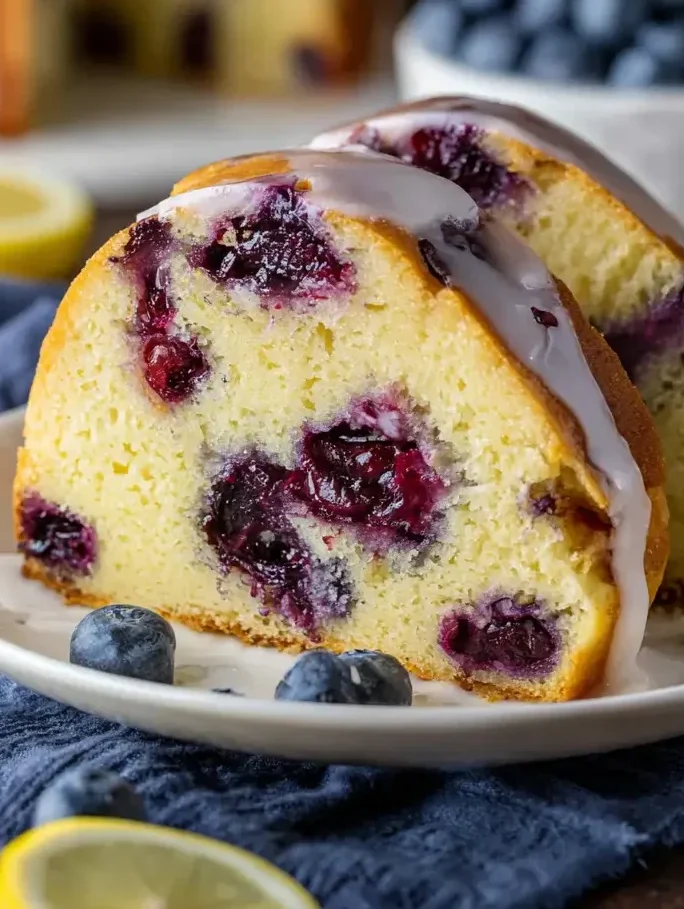 Moist Lemon Blueberry Pound Cake topped with lemon glaze and fresh blueberries