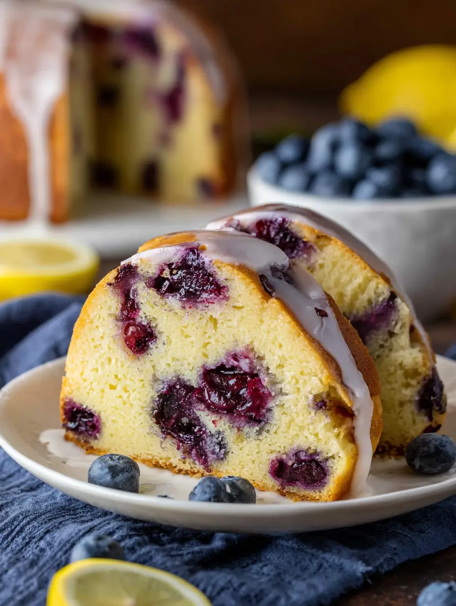 Moist Lemon Blueberry Pound Cake topped with lemon glaze and fresh blueberries