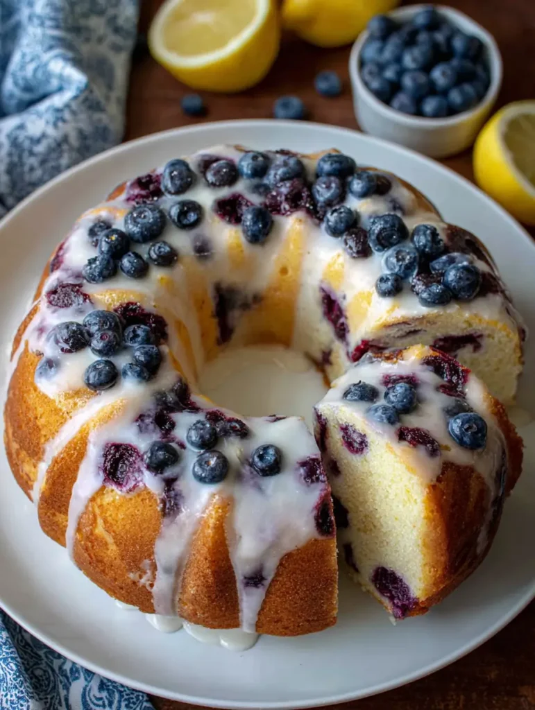 Moist Lemon Blueberry Pound Cake topped with lemon glaze and fresh blueberries