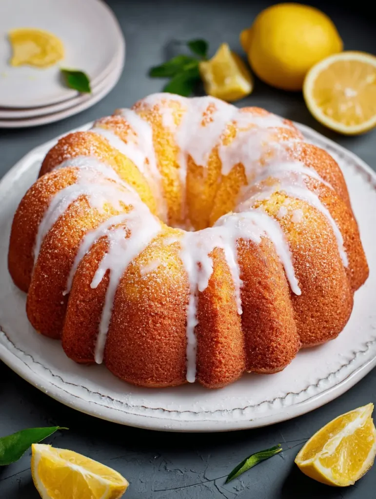 Moist and fluffy Lemon Bundt cake topped with a lemon glaze on a decorative plate.