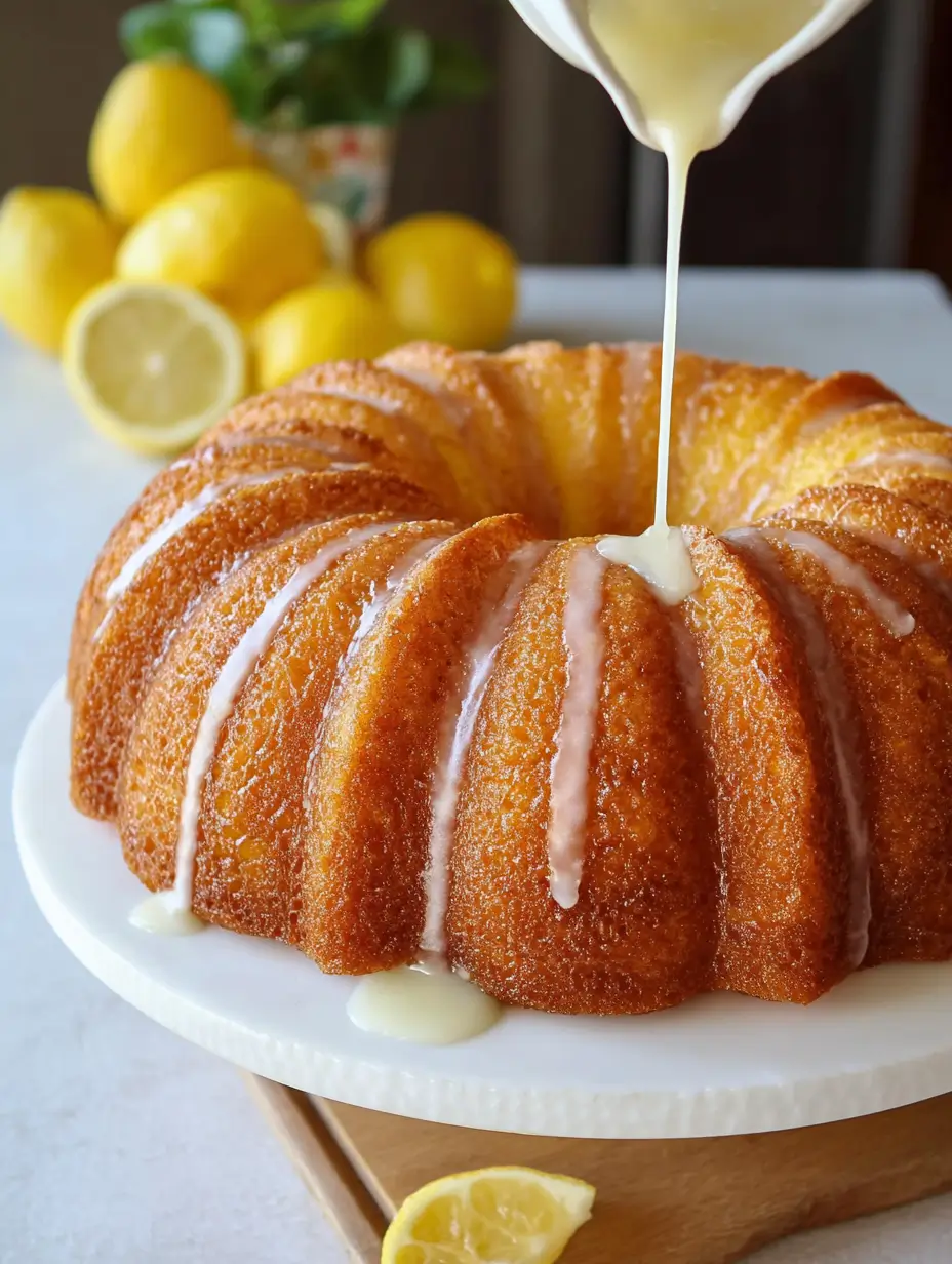 Moist and fluffy Lemon Bundt cake topped with a lemon glaze on a decorative plate.