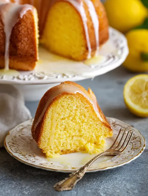 Moist and fluffy Lemon Bundt cake topped with a lemon glaze on a decorative plate.