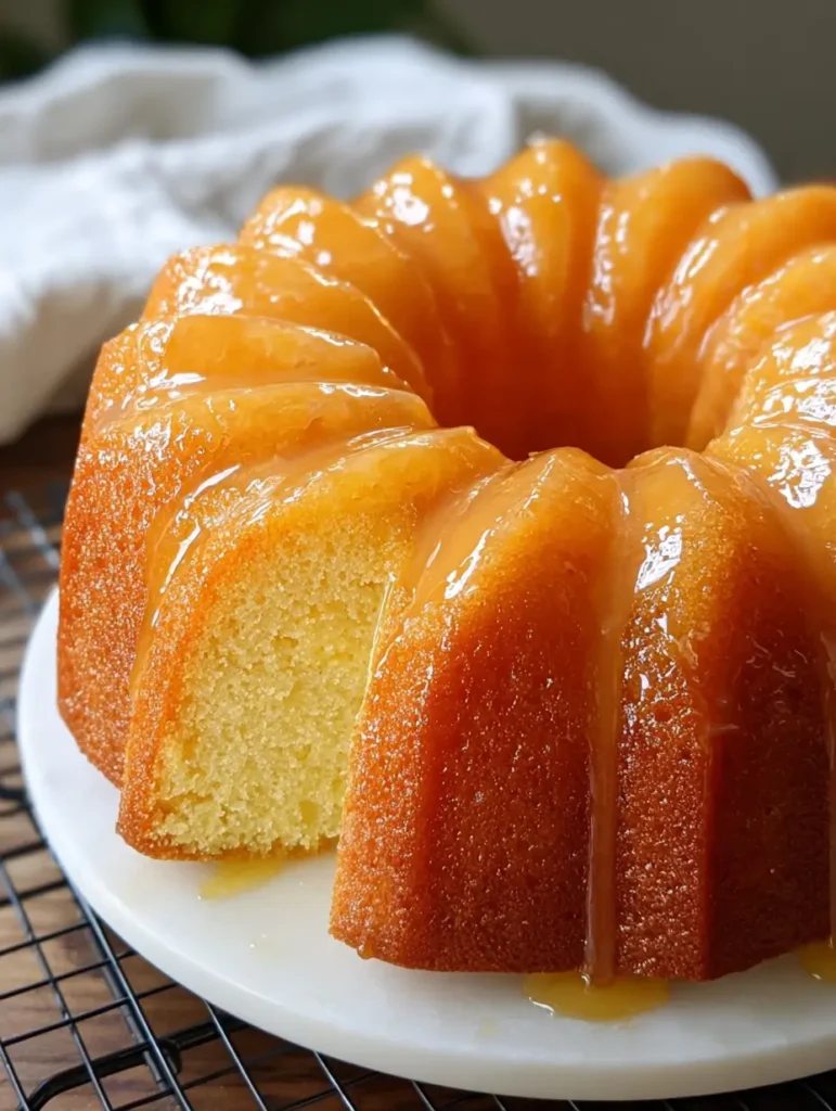 Moist Pineapple Juice Cake topped with a sweet glaze, infused with pineapple flavor.