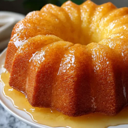 Moist Pineapple Juice Cake topped with a sweet glaze, infused with pineapple flavor.