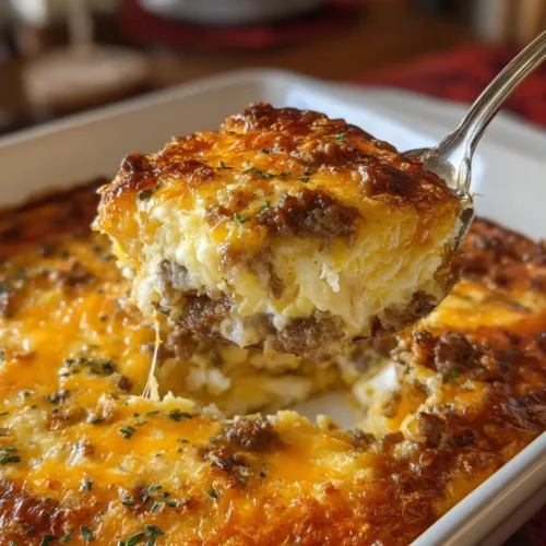 Sausage, Egg, and Cream Cheese Hashbrown Casserole ready to serve