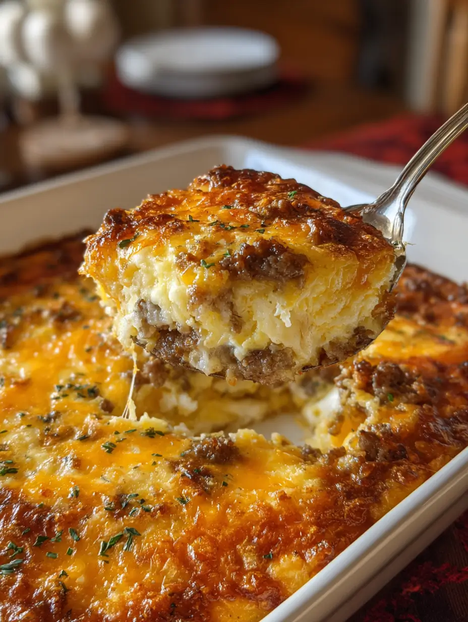 Sausage, Egg, and Cream Cheese Hashbrown Casserole ready to serve