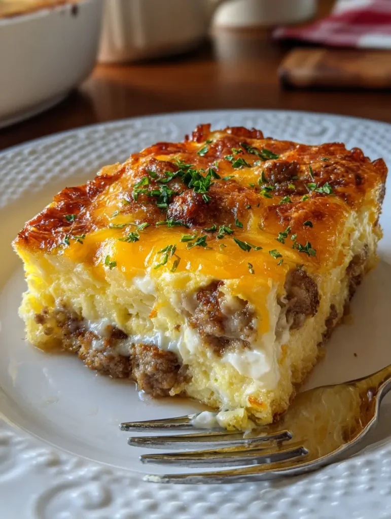 Sausage & Cream Cheese Hash Brown Breakfast Casserole ready to serve