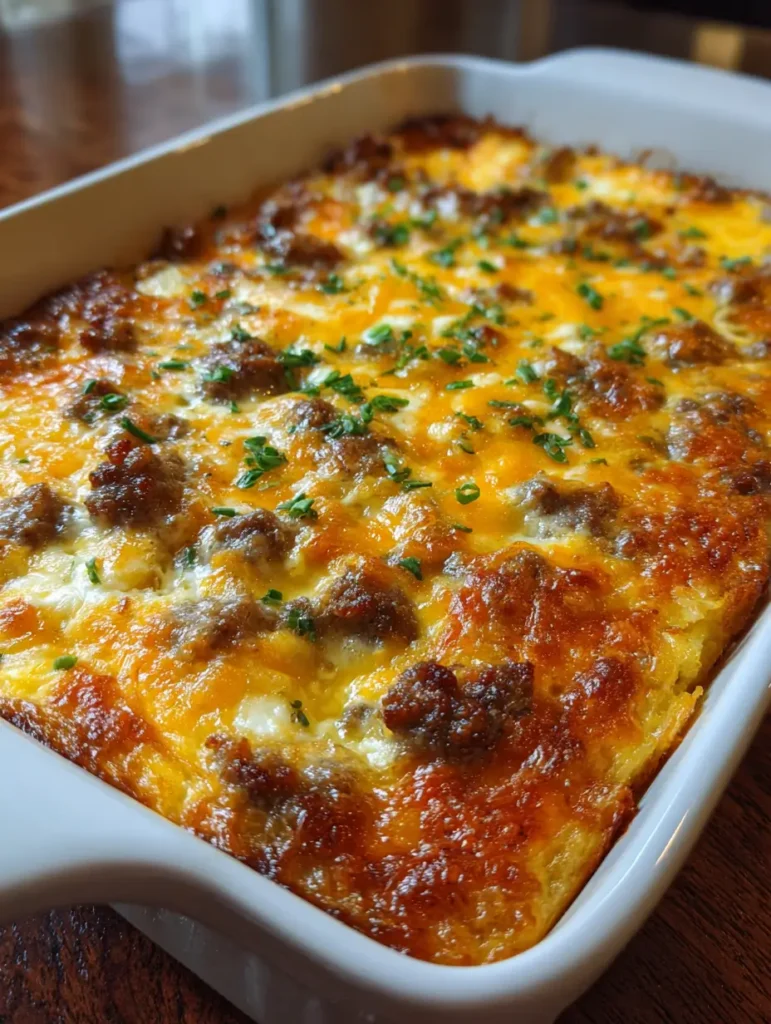 Sausage & Cream Cheese Hash Brown Breakfast Casserole ready to serve