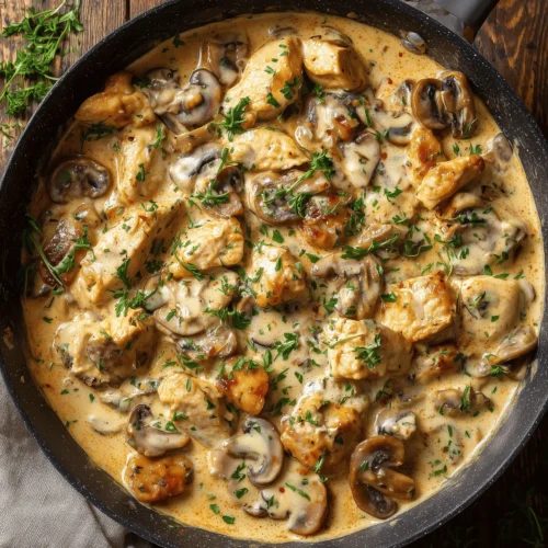 Delicious Creamy Chicken and Mushroom Stroganoff served over egg noodles.