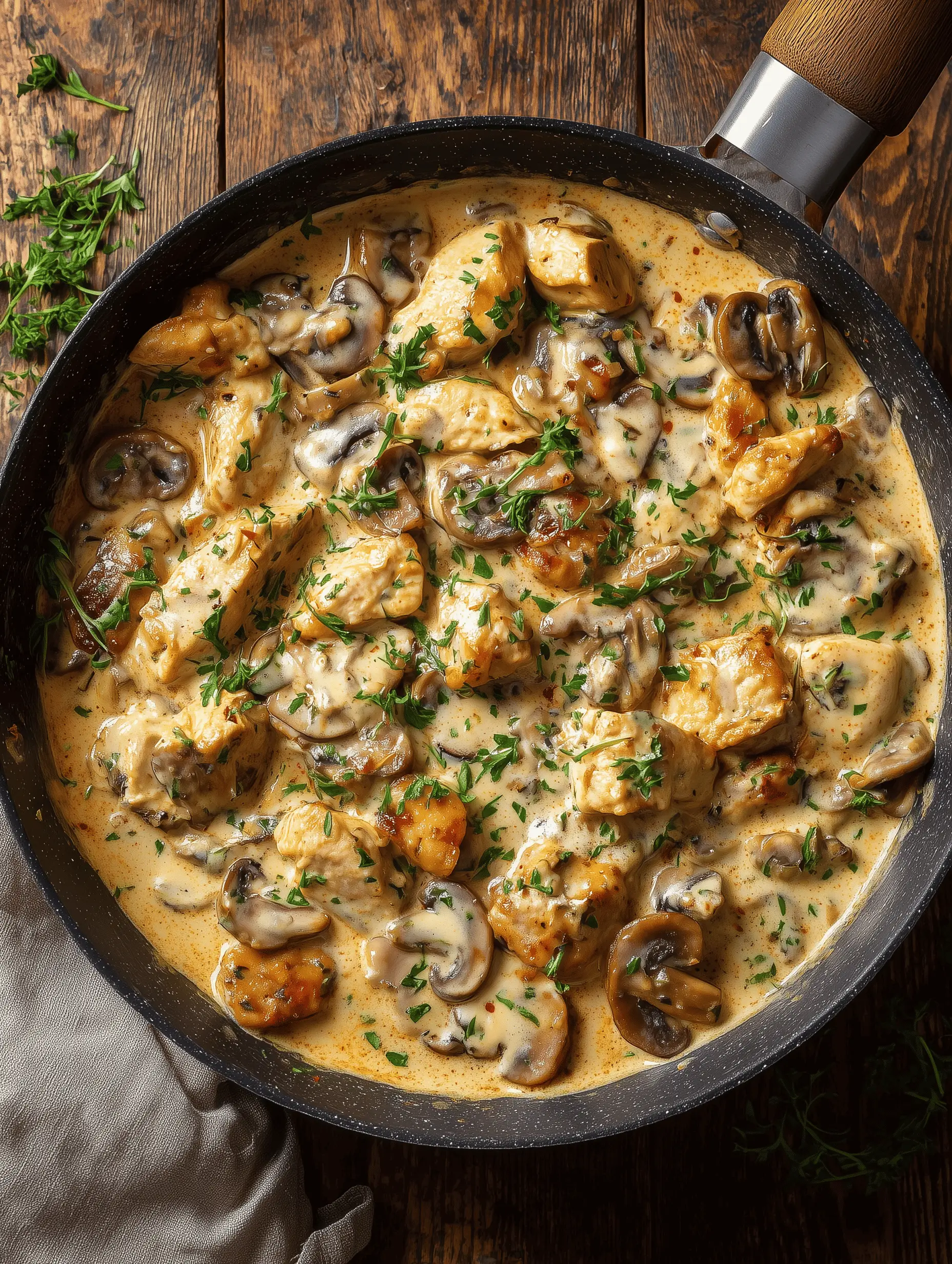 Delicious Creamy Chicken and Mushroom Stroganoff served over egg noodles.