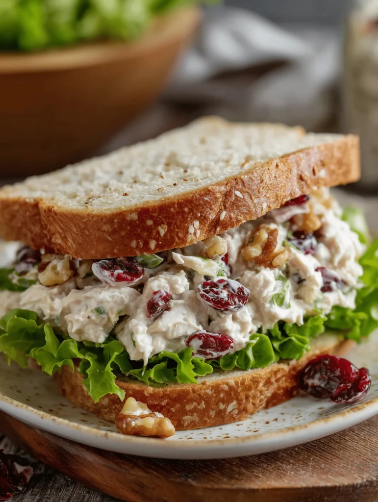Cranberry walnut chicken salad with walnuts, cranberries, and creamy dressing in a bowl.