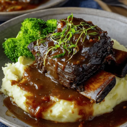 Crockpot Beef Short Ribs With Rich Gravy served over mashed potatoes for a comforting meal.