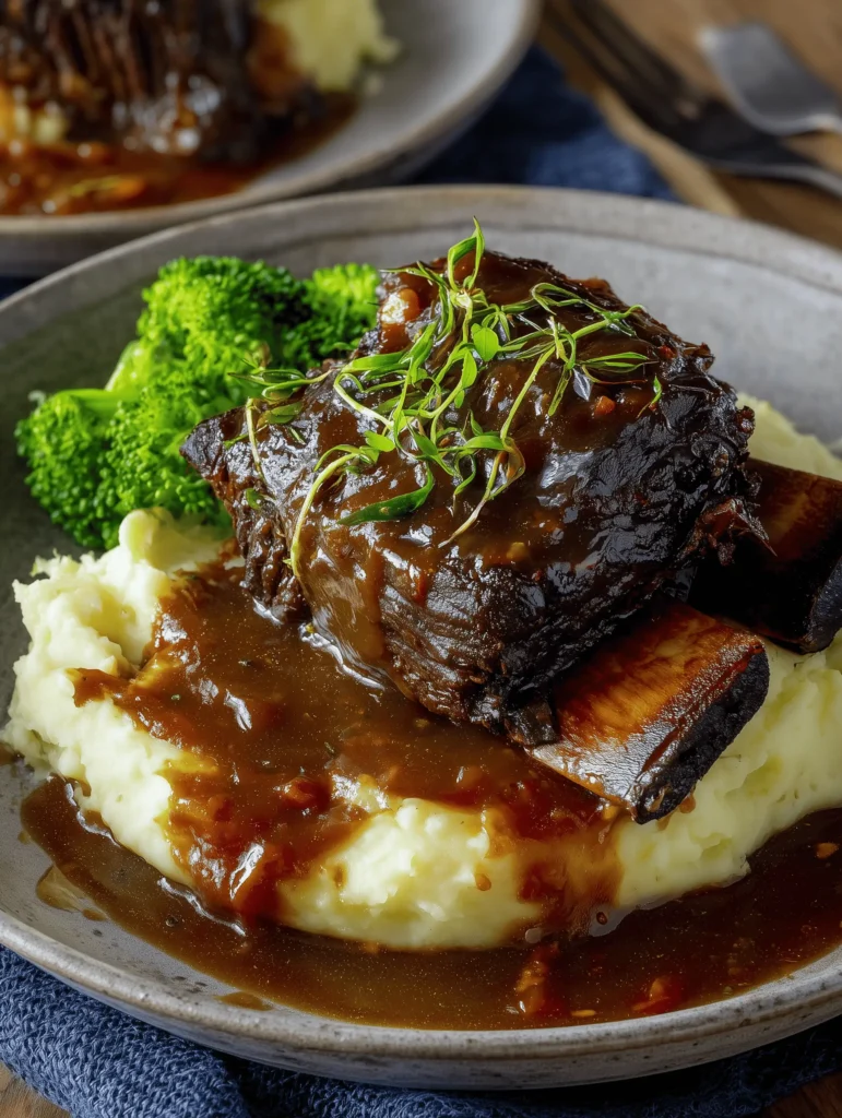 Crockpot Beef Short Ribs With Rich Gravy served over mashed potatoes for a comforting meal.