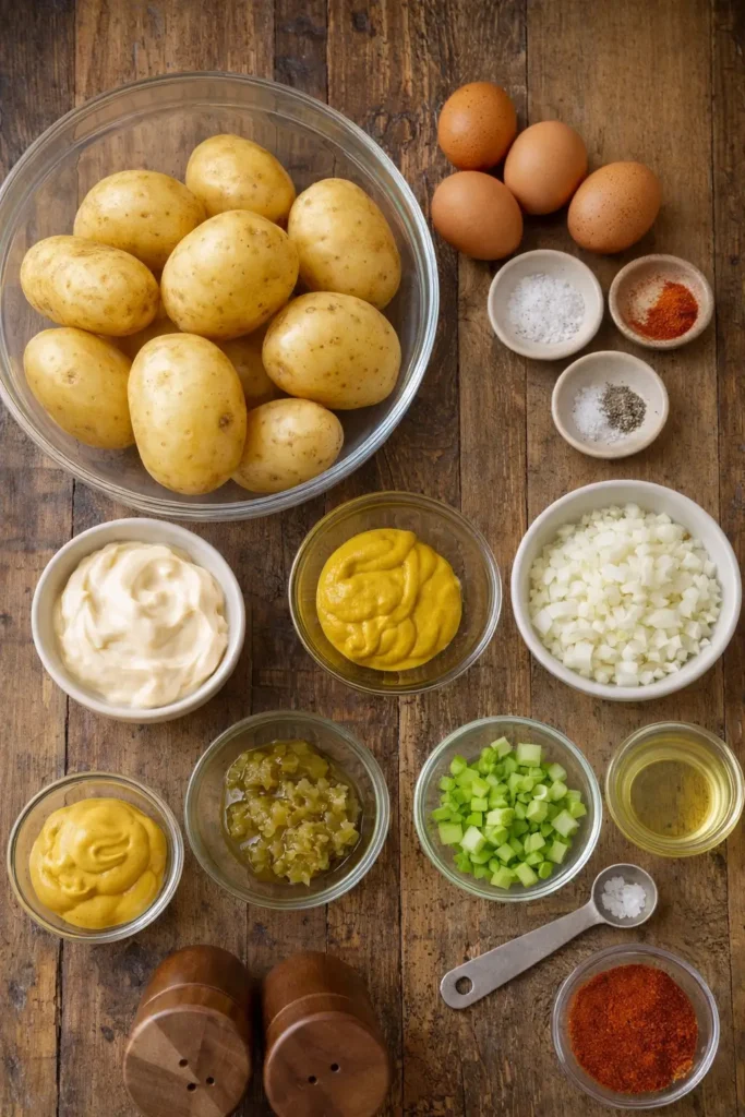 Creamy Southern Potato Salad with eggs, mayo, mustard, and pickles served in a bowl.