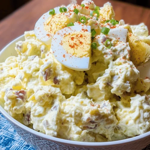 Creamy Southern Potato Salad with eggs, mayo, mustard, and pickles served in a bowl.