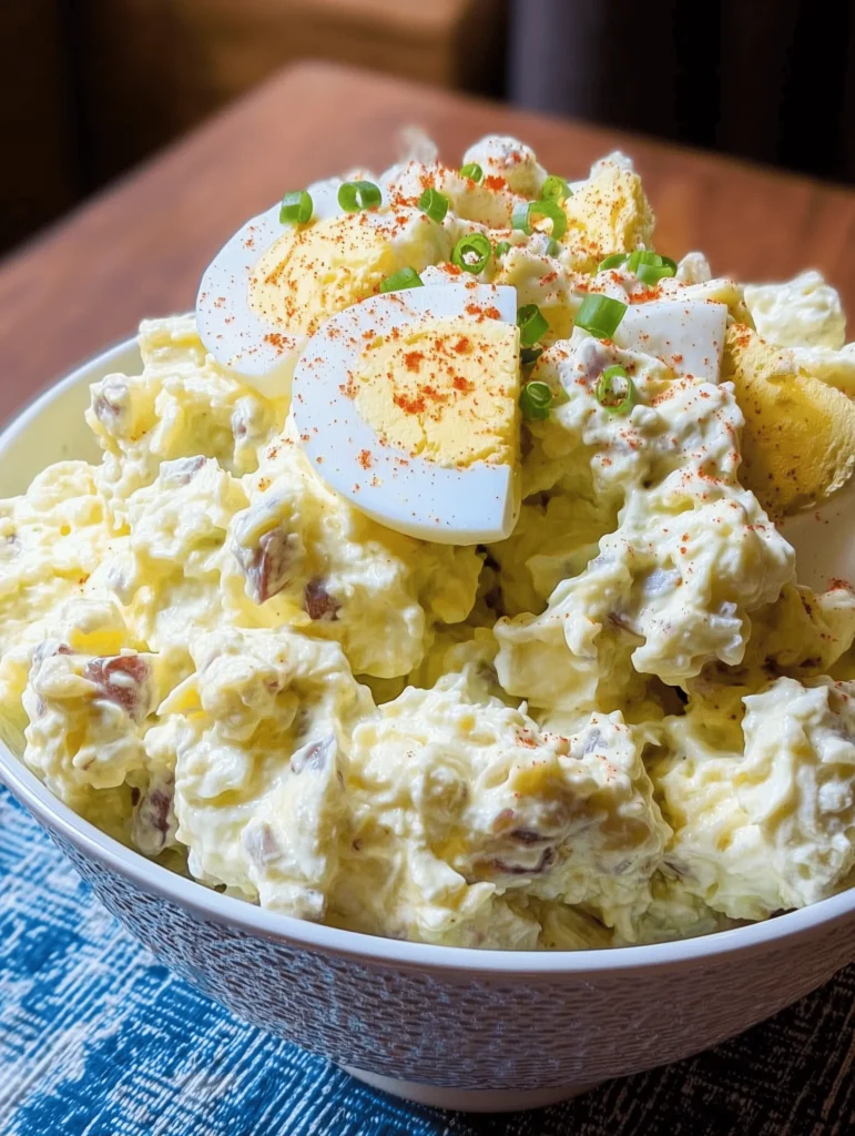 Creamy Southern Potato Salad with eggs, mayo, mustard, and pickles served in a bowl.